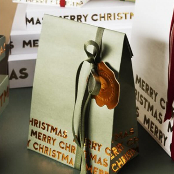 Geschenktasche Merry Christmas gruen, Geschenkverpackung, Geschenktasche, embossed Merry Christmas Kupfer. seitlich